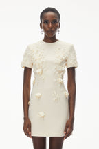 Ivory Round Neck Mini Dress with Floral Applique