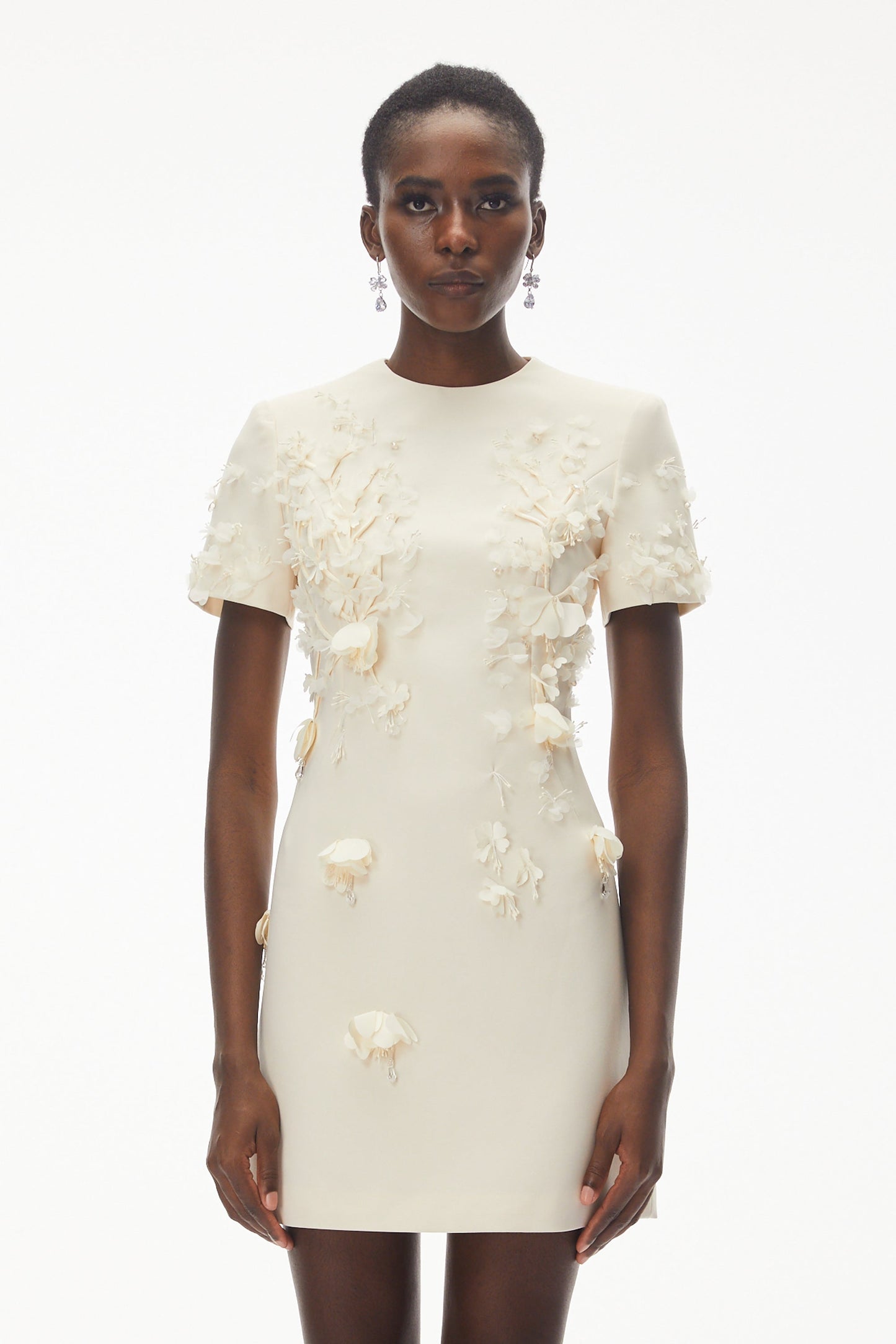 Ivory Round Neck Mini Dress with Floral Applique