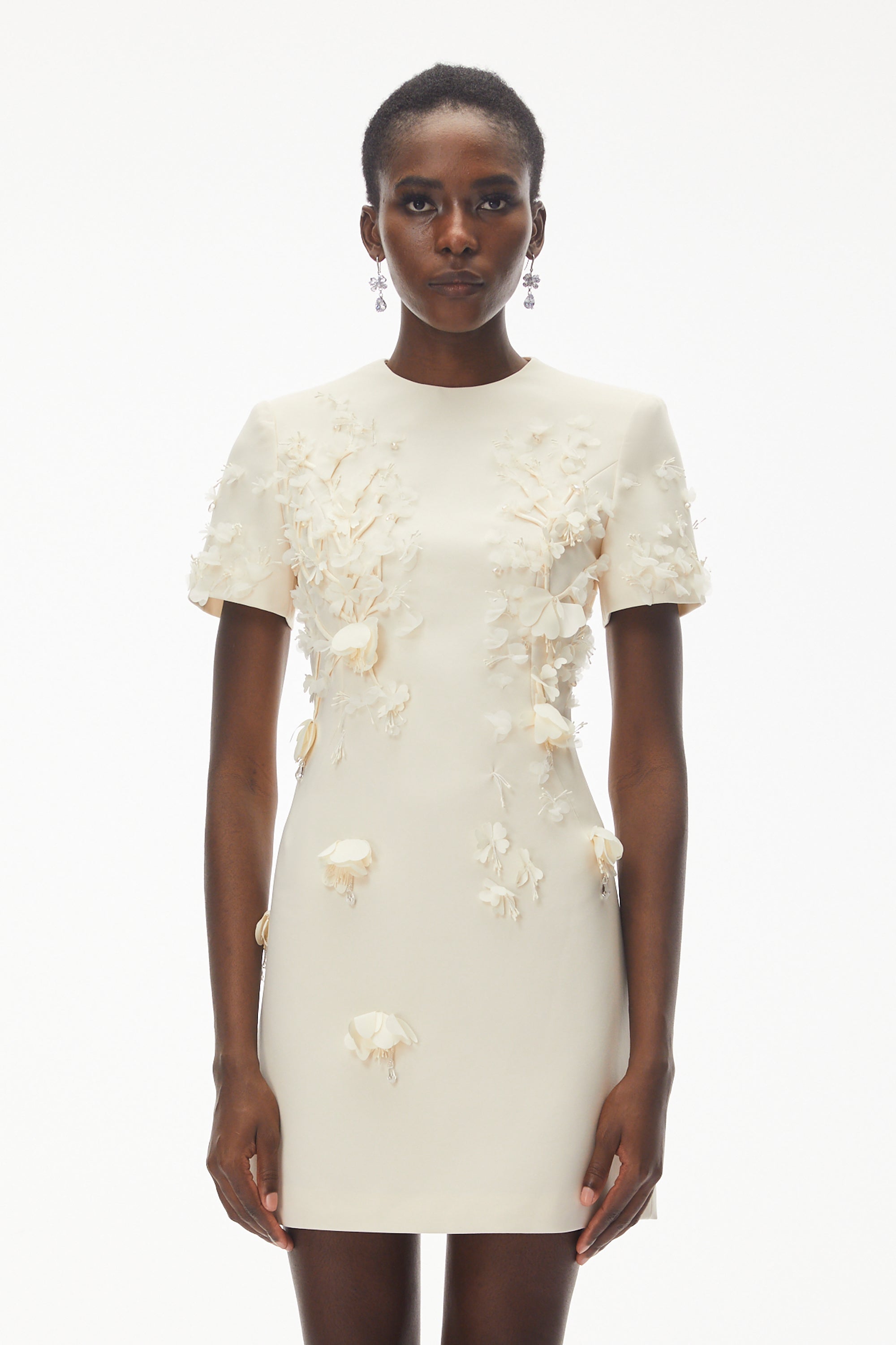 Ivory Round Neck Mini Dress with Floral Applique