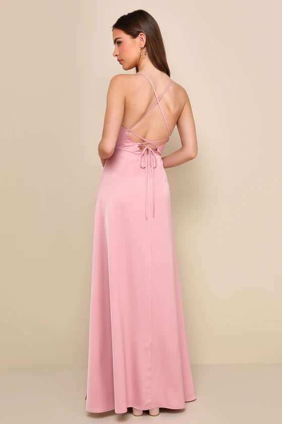 Flowering Girl Women So Loving Pink Satin Pleated Lace-Up Backless Maxi Dress