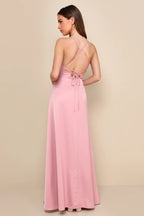 Flowering Girl Women So Loving Pink Satin Pleated Lace-Up Backless Maxi Dress