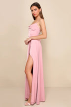 Flowering Girl Women So Loving Pink Satin Pleated Lace-Up Backless Maxi Dress