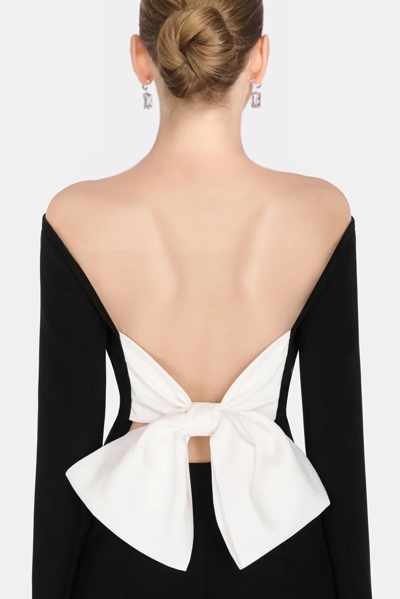 Off Shoulder Bow Embeliished Backless Mini Dress