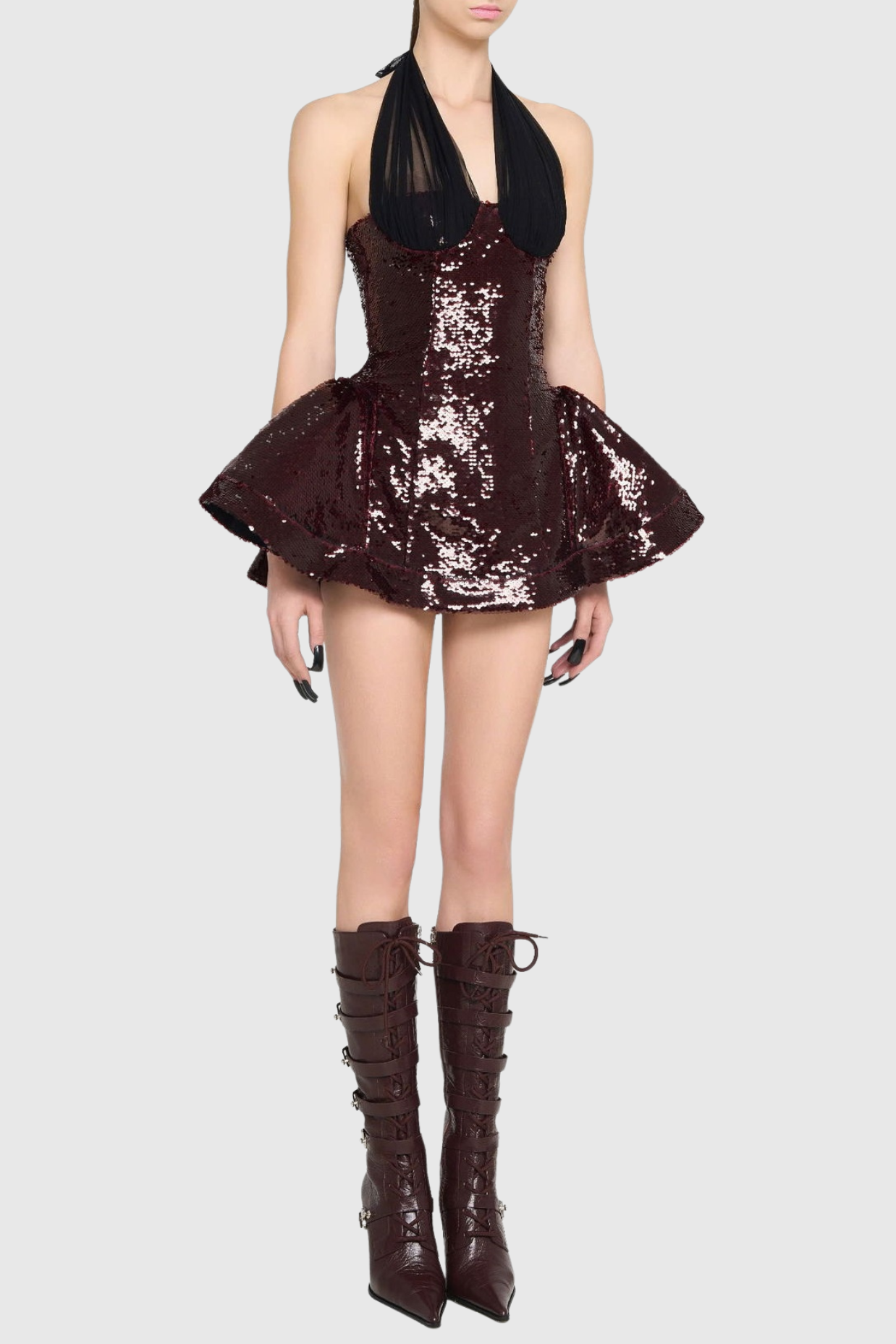Giselle Sequin Halter Mini Dress In Merlot