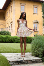 Flowering Girl Women Printed-layer halter neck beaded mini dress - yellow