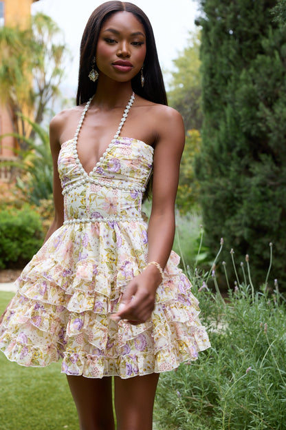 Printed-layer halter neck beaded mini dress - yellow