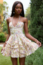 Flowering Girl Women Printed-layer halter neck beaded mini dress - yellow