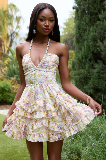 Printed-layer halter neck beaded mini dress - yellow