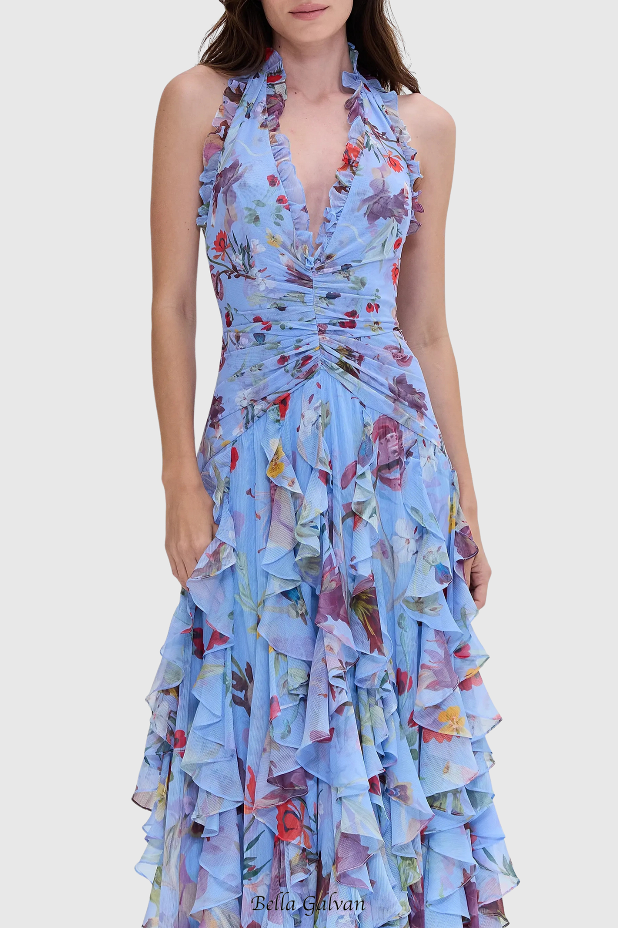 Floral Halter Ruffle Tulle Maxi Dress in Blue