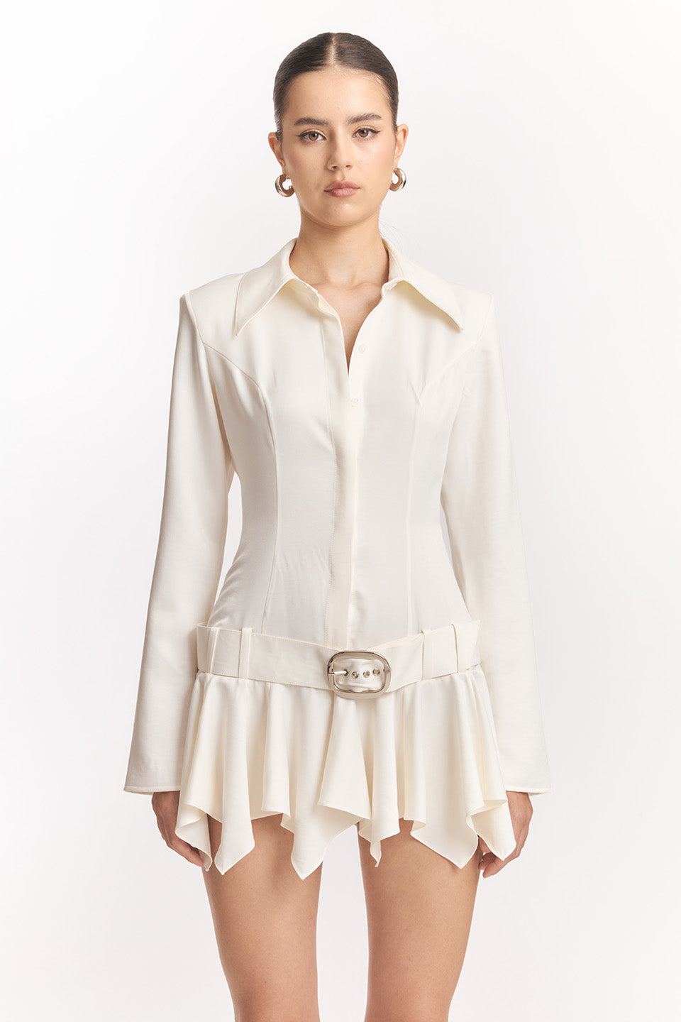 Dinah Umbrella Tail Hem Shirt Mini Dress In White