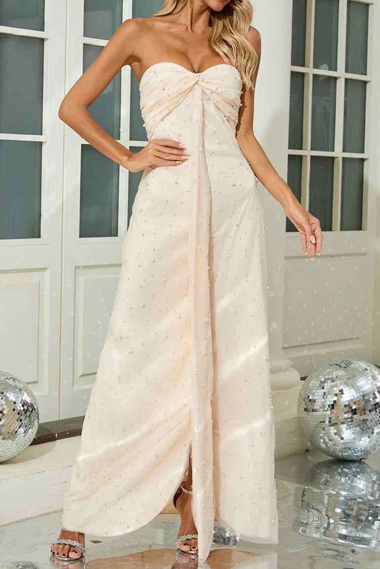 Strapless Pearl Crystal Maxi Dress