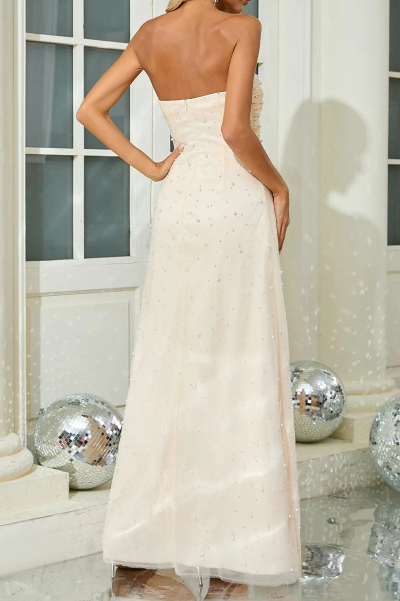 Flowering Girl Women Strapless Pearl Crystal Maxi Dress