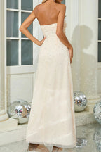 Flowering Girl Women Strapless Pearl Crystal Maxi Dress