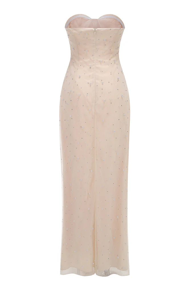 Flowering Girl Women Strapless Pearl Crystal Maxi Dress