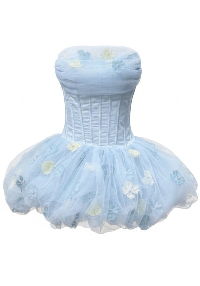 nicole Strapless Floral Corset Bubble mini Dress in Blue