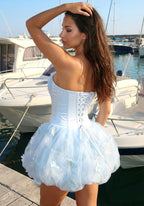 Nicole Strapless Floral Corset Bubble Mini Dress In Blue