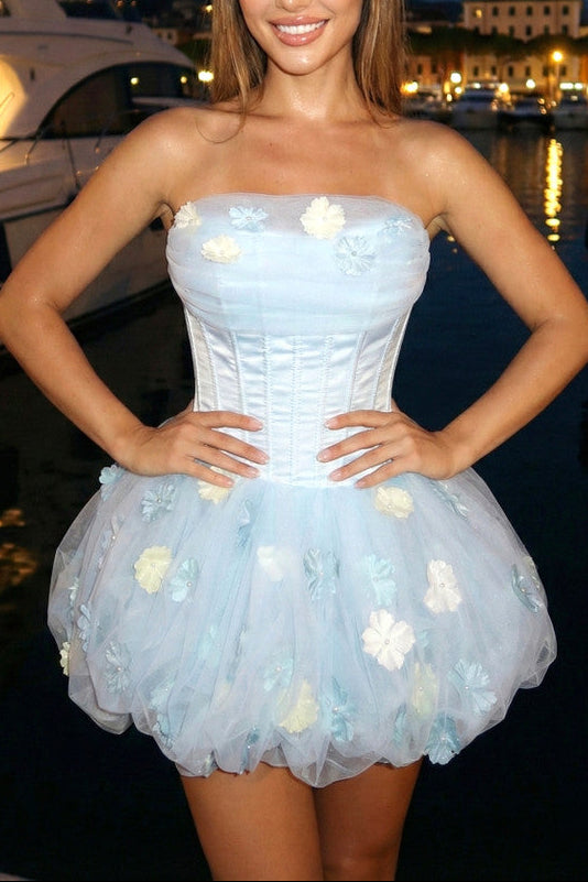 Nicole Strapless Floral Corset Bubble Mini Dress In Blue