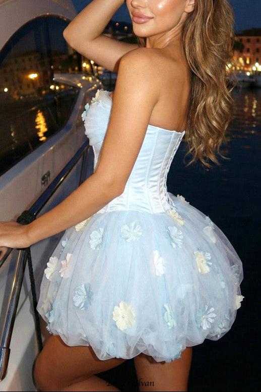 nicole Strapless Floral Corset Bubble mini Dress in Blue