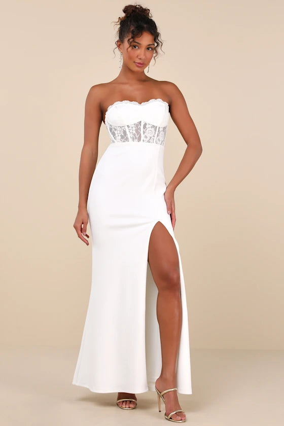 Flowering Girl Women Sultry Persona White Lace Strapless Bustier Mermaid Maxi Dress