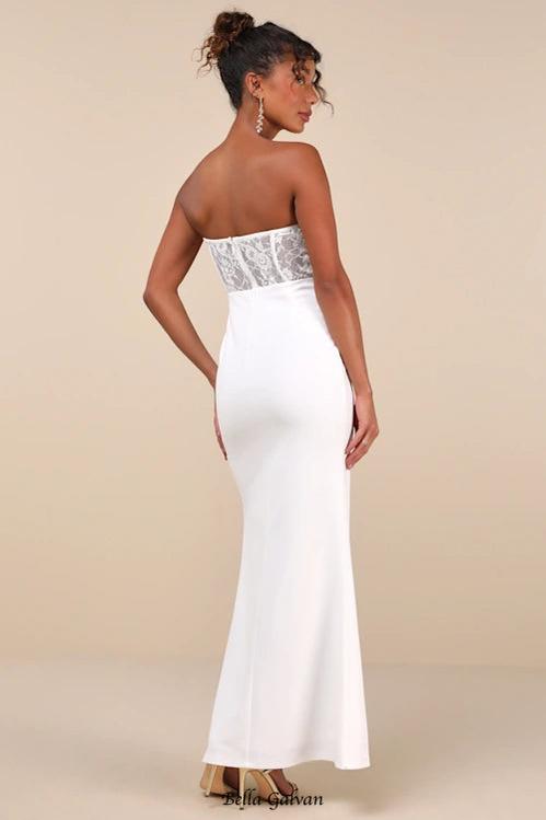 Flowering Girl Women Sultry Persona White Lace Strapless Bustier Mermaid Maxi Dress