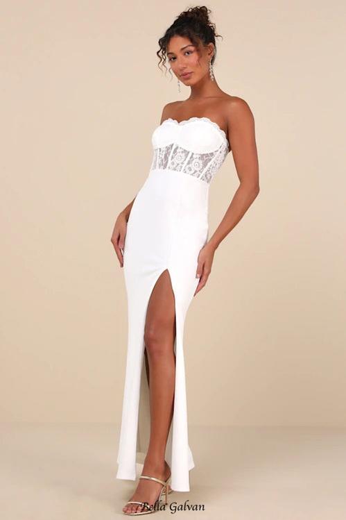 Flowering Girl Women Sultry Persona White Lace Strapless Bustier Mermaid Maxi Dress