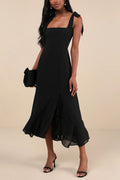 Flowering Girl Women Summer Invite Black Tie-Strap Tiered Midi Dress