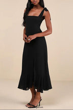 Flowering Girl Women Summer Invite Black Tie-Strap Tiered Midi Dress