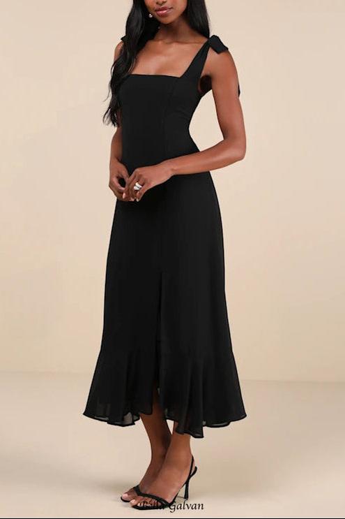 Summer Invite Black Tie-Strap Tiered Midi Dress