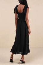 Flowering Girl Women Summer Invite Black Tie-Strap Tiered Midi Dress