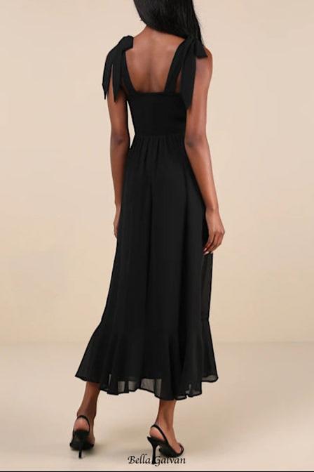 Summer Invite Black Tie-Strap Tiered Midi Dress
