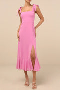 Flowering Girl Women Summer Invite Pink Tie-Strap Tiered Midi Dress