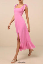 Flowering Girl Women Summer Invite Pink Tie-Strap Tiered Midi Dress