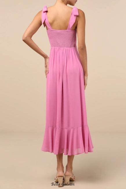 Flowering Girl Women Summer Invite Pink Tie-Strap Tiered Midi Dress