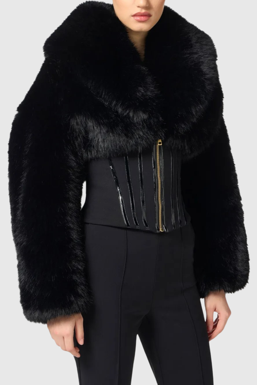 Adelaide Faux Fur Corset Jacket In Black