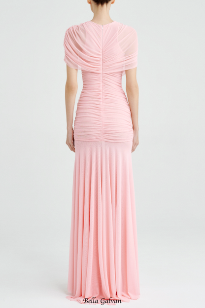 Suttoa Mesh Shawl Ruched Maxi Dress - Pink