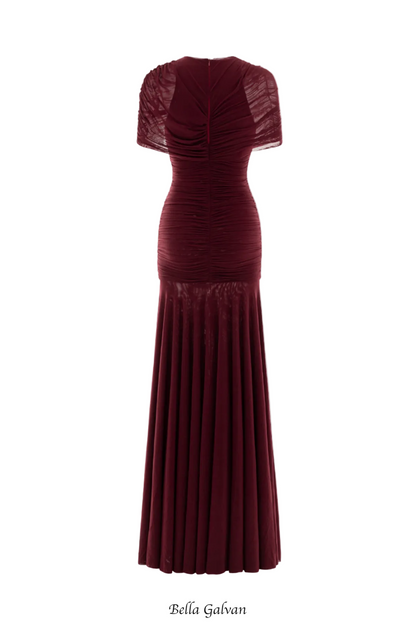 Suttoa Mesh Shawl Ruched Maxi Dress - Wine