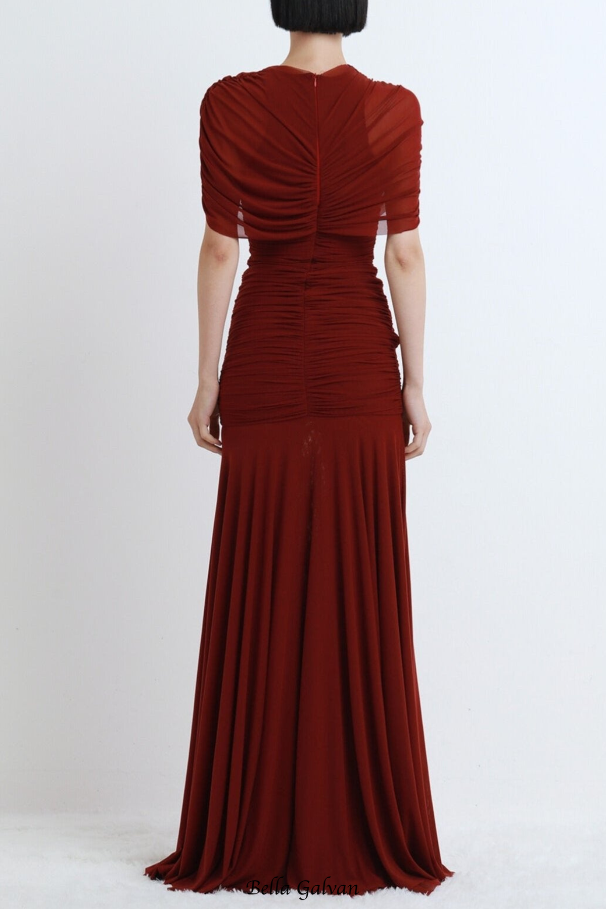 Suttoa Mesh Shawl Ruched Maxi Dress - Wine