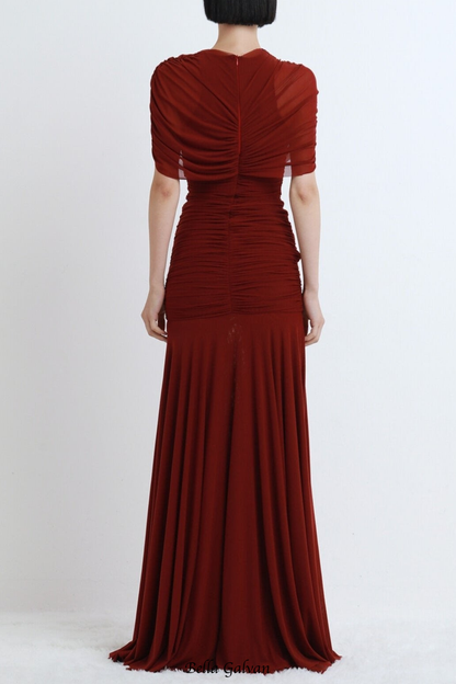 Suttoa Mesh Shawl Ruched Maxi Dress - Wine