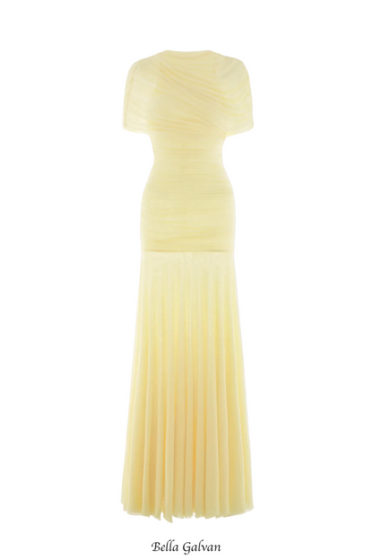 Suttoa Mesh Shawl Ruched Maxi Dress - Yellow
