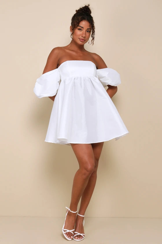 Flowering Girl Women Sweet Vision White Taffeta Off-the-Shoulder Babydoll Mini Dress
