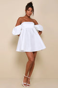 Flowering Girl Women Sweet Vision White Taffeta Off-the-Shoulder Babydoll Mini Dress