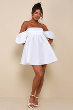 Flowering Girl Women Sweet Vision White Taffeta Off-the-Shoulder Babydoll Mini Dress