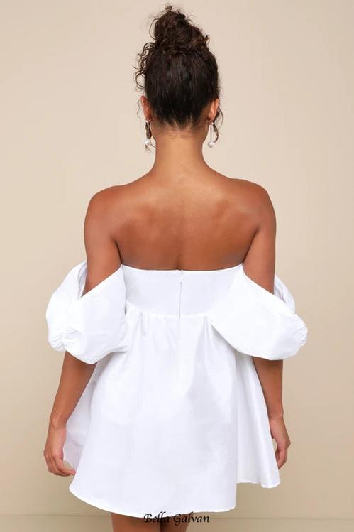 Flowering Girl Women Sweet Vision White Taffeta Off-the-Shoulder Babydoll Mini Dress