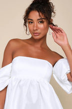 Flowering Girl Women Sweet Vision White Taffeta Off-the-Shoulder Babydoll Mini Dress