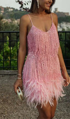 Pink Tassel Feather Mini Dress