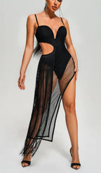 Flowering Girl Women TASSEL MESH BODYSUIT MIDI DRESS IN BLACK