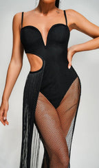 Flowering Girl Women TASSEL MESH BODYSUIT MIDI DRESS IN BLACK