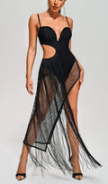 Flowering Girl Women TASSEL MESH BODYSUIT MIDI DRESS IN BLACK