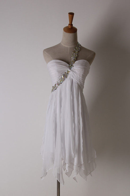 White One Shoulder Rhinestone Chiffon Short Party Dress