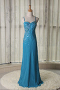 Blue Spaghetti Strap Beaded Chiffon Long Evening Dress